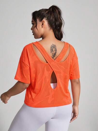 SHEIN Rhythm Era Áo thun thể thao tay ngắn, cỡ lớn, chất liệu vải jacquard màu cam, thiết kế hở lưng, đa năng.