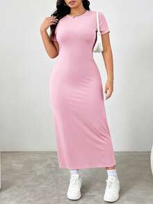 SHEIN EZwear 加大码纯色圆领修身夏季短袖连衣裙，粉色 - 粉色 - 查看 4