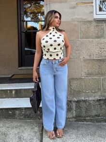 高腰闊腿牛仔褲 - 淺色水洗藍 - 查看 4