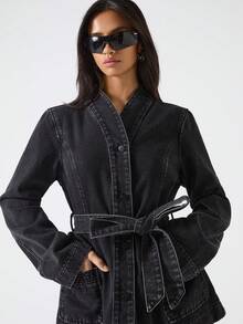 LYSMO Áo khoác denim tay dài, một hàng khuy, túi, thiết kế thắt lưng đơn giản dành cho nữ - Màu xanh hải quân - Xem 7