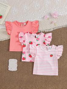 SHEIN Gentle Purple Stripe, 3D Bow Pattern, Young Girl Casual Simple Versatile Round Neck Cap Sleeve T-Shirt 1pc Suitable For Spring/Summer Daily Wear, - Multicolor - View 4