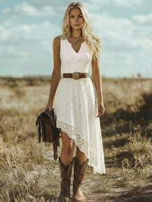 Bohemian Vacation Style Western Festival Lace Fitted Elegant Midi Dress For Women - White - View 3
