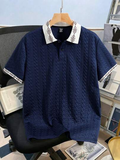 Manfinity Joysei Men's Knitted Jacquard Solid Color Textured Navy Blue & Apricot Reversible Ribbed Collar 2-Button Polo Shirt