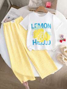 Sparklyn Mädchen Lässiges, süßes kariertes Kirschprint T-Shirt und Hosen Set - Gelb - Übersicht 1