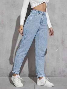 Women's Light Wash Distressed Tapered Casual Jeans - Baby Blue - View 5