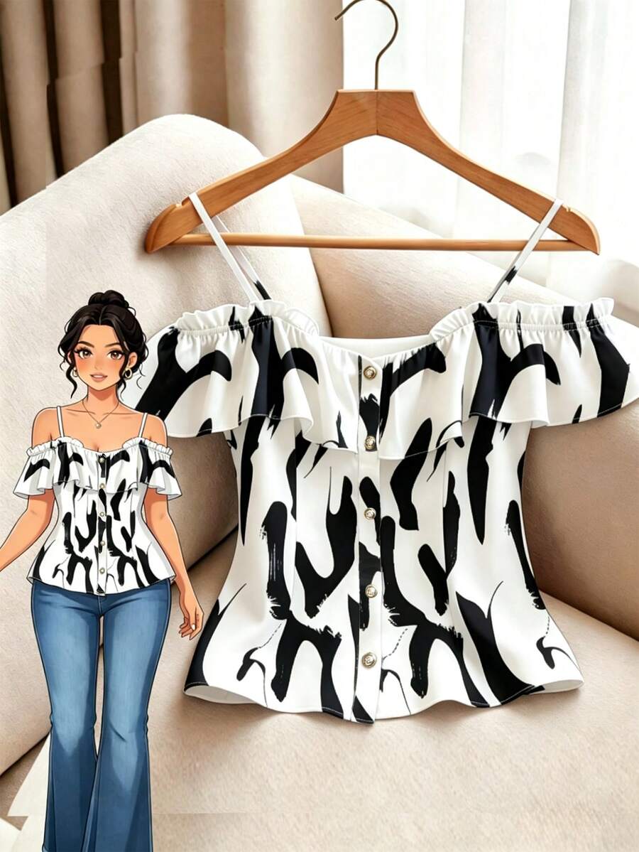 GlowEve CURVE Elegant Ruffled Off-Shoulder Blouse For Plus Size Women - Black and White - View 1