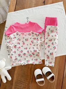 SHEIN LMoss Kids Dozemod 儿童新生女宝宝夏季休闲碎花荷叶边圆领短袖上衣和裤子四件套针织睡衣套装 - 粉色 - 查看 2