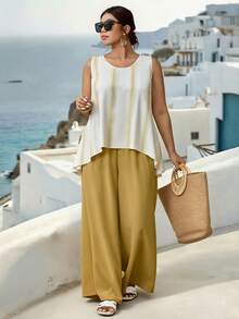 Parysyn Moda de verano de talla grande, nuevo conjunto de dos piezas de blusas y pantalones de verano para damas - Amarillo - Ver 4