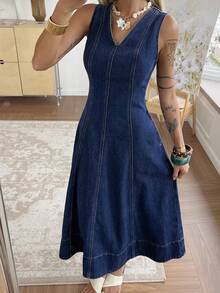 DAZY Đầm denim dài cổ chữ V dáng ôm dành cho nữ, thích hợp cho mùa xuân và mùa hè. - Màu xanh lam - Xem 1