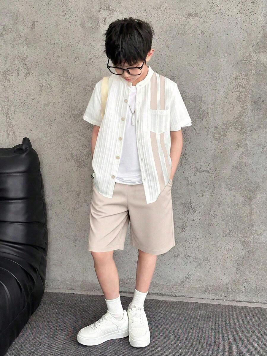 SHEIN Mirajuku 2pcs/Set Tween BoysWhite Shirt With Contrast Floral Pattern, Loose White Pants With Contrast Pattern, And Ribbon Decor - Khaki - View 1