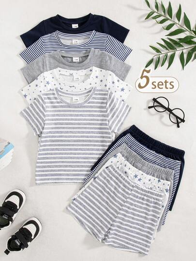 SHEIN Playful Pals 2pcs/Set Infant/Toddler Boys' Casual Solid Color Daily Wear Round Neck Short Sleeve T-Shirt And Shorts Set, 5 Color Combination, Suitable For Summer
