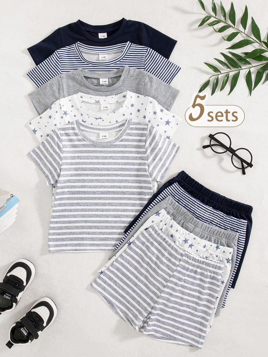 SHEIN Playful Pals مجموعة قميص وشورت قصير الأكمام بتصميم بسيط للأطفال الرضع والصغار، 2 قطعة/مجموعة، 5 تشكيلات لوني مناسبة للصيف
