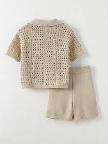 2pcs Young Boys Casual Vacation Palm Tree Crochet Texture Polo Collar Cardigan And Shorts Set, Comfortable And Versatile - Khaki - View 2
