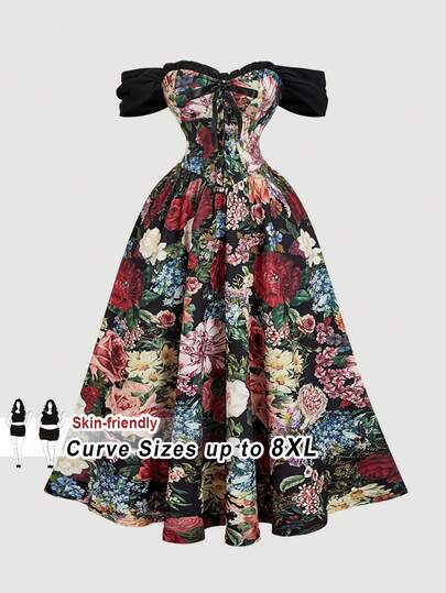 SHEIN CURVE+ 大码女士时尚露肩印花连衣裙，春夏款，情人节连衣裙，嘉年华女士连衣裙，婚礼及活动连衣裙，大码生日连衣裙，复古风，优雅风，碎花连衣裙，黑色连衣裙，宫廷风，海盗风连衣裙，乡村风，巴洛克风，奢华宫廷风，维多利亚花园连衣裙，野花连衣裙，碎花连衣裙，女士连衣裙