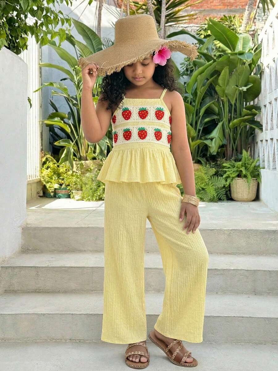 SHEIN Girls Cute Summer Butter Yellow Crochet Strawberry Lace Trim Spaghetti Strap Tank Top And Elastic Waist Textured Wide Leg Pants Set,Vacation,Holiday