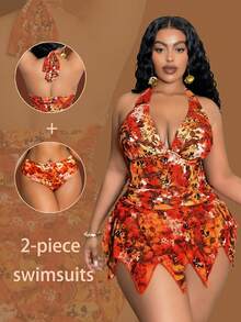 Slaydiva Maillot de bain grande taille Printemps/Été 2026, imprimé floral et feuillage coloré, col en V profond, côtés froncés, bordure en maille, taille haute. Tenue sexy pour la plage et la piscine en vacances - Multicolore - Voir 1