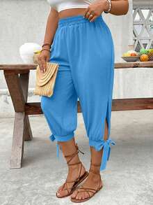 Breezaya Plus Size High Waist Drawstring 7/8 Pants, Spring/Summer - Blue - View 4