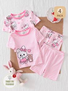 Bộ đồ ngủ 4 món cho bé gái, kiểu dáng ôm sát, in hình thỏ và trái tim hoạt hình, kẻ sọc, cổ tròn, tay ngắn và quần đùi, thích hợp mặc ở nhà, chơi ngoài trời và mặc thường ngày vào mùa hè. - Hồng - Xem 4
