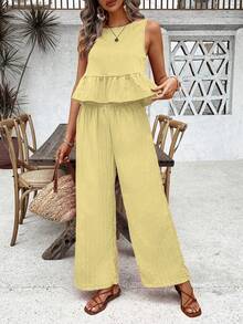SHEIN Holidaya Women's Vacation Solid Color Ruffle Hem Tank Top And Wide Leg Pants Casual 2 Pieces Set 2 Piece Set Womens Outfit Holiday Outfit Pleated Outfit - Yellow - View 3