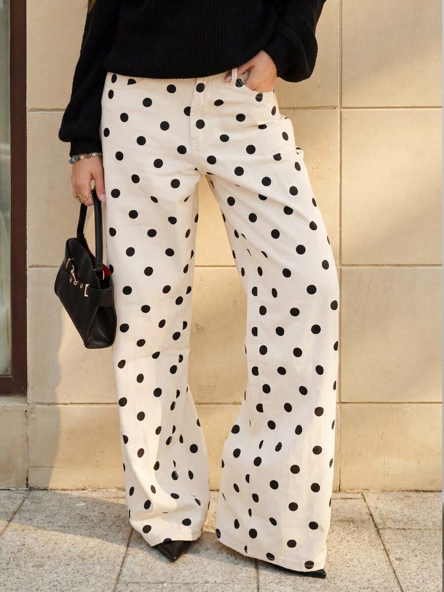 Jeans de pierna recta con estampado de lunares - Beis - Ver 1