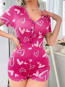 SHEIN 心形图案女士睡衣连体裤 - 玫紅色 - 查看 3