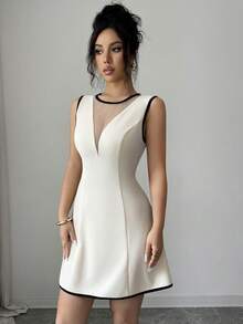 Elenzga Vestido elegante y romántico para mujer con cuello redondo sin mangas, bloque de color, parches de tela y cintura en línea A - Albaricoque - Ver 6