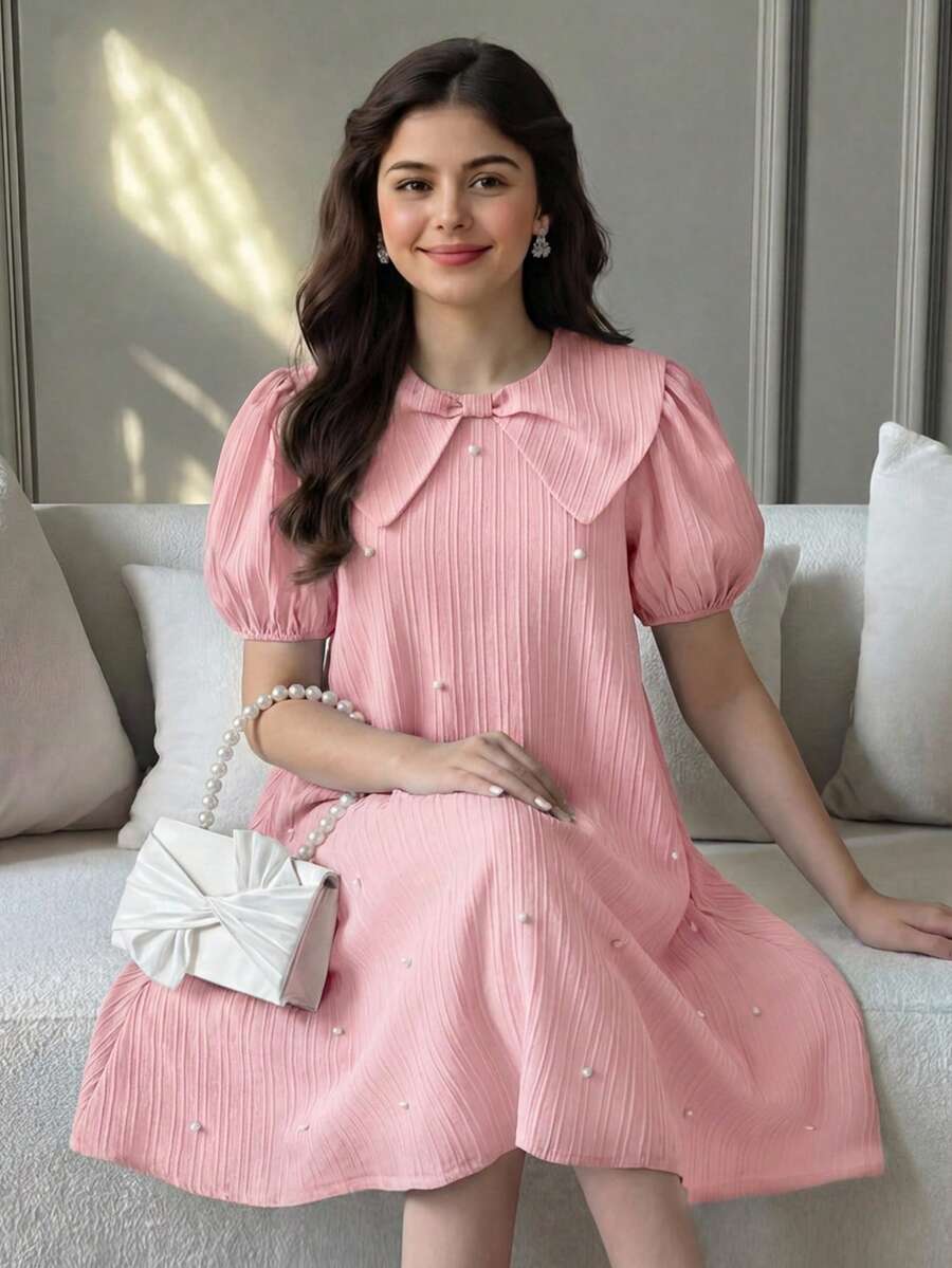 SHEIN 少女纯色仿珍珠装饰时尚派对连衣裙 - 粉色 - 查看 1