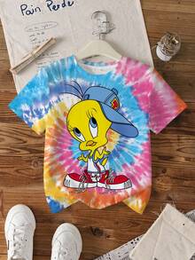 LOONEY TUNES X SHEIN 少女圆领短袖休闲可爱印花T恤，全幅 - 白色 - 查看 1