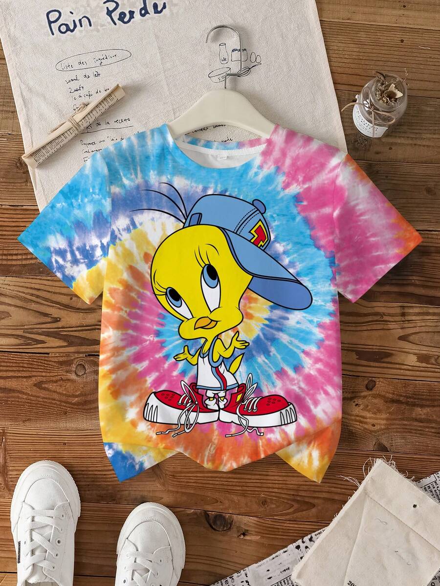 LOONEY TUNES X SHEIN 少女圆领短袖休闲可爱印花T恤，全幅 - 白色 - 查看 1