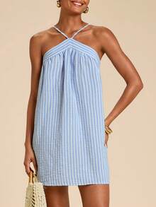 SHEIN TRVLCHIC Women's Striped Casual Vacation Halter Dress - Blue and White - View 4