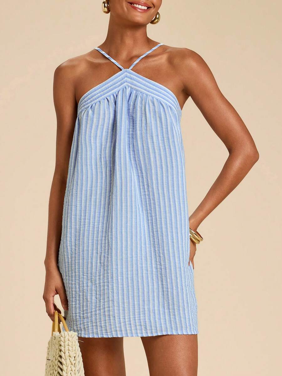 SHEIN TRVLCHIC Women's Striped Casual Vacation Halter Dress - Blue and White - View 1