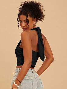 Travachic Women's Solid Color Woven Halter Neck Camisole, Spring/Summer,Summer Top - Black - View 2