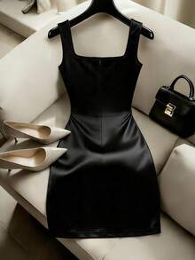 GlowEve Women's Elegant Pleated Waist Solid Color Square Neck Short Dress, Summer - Black - View 2