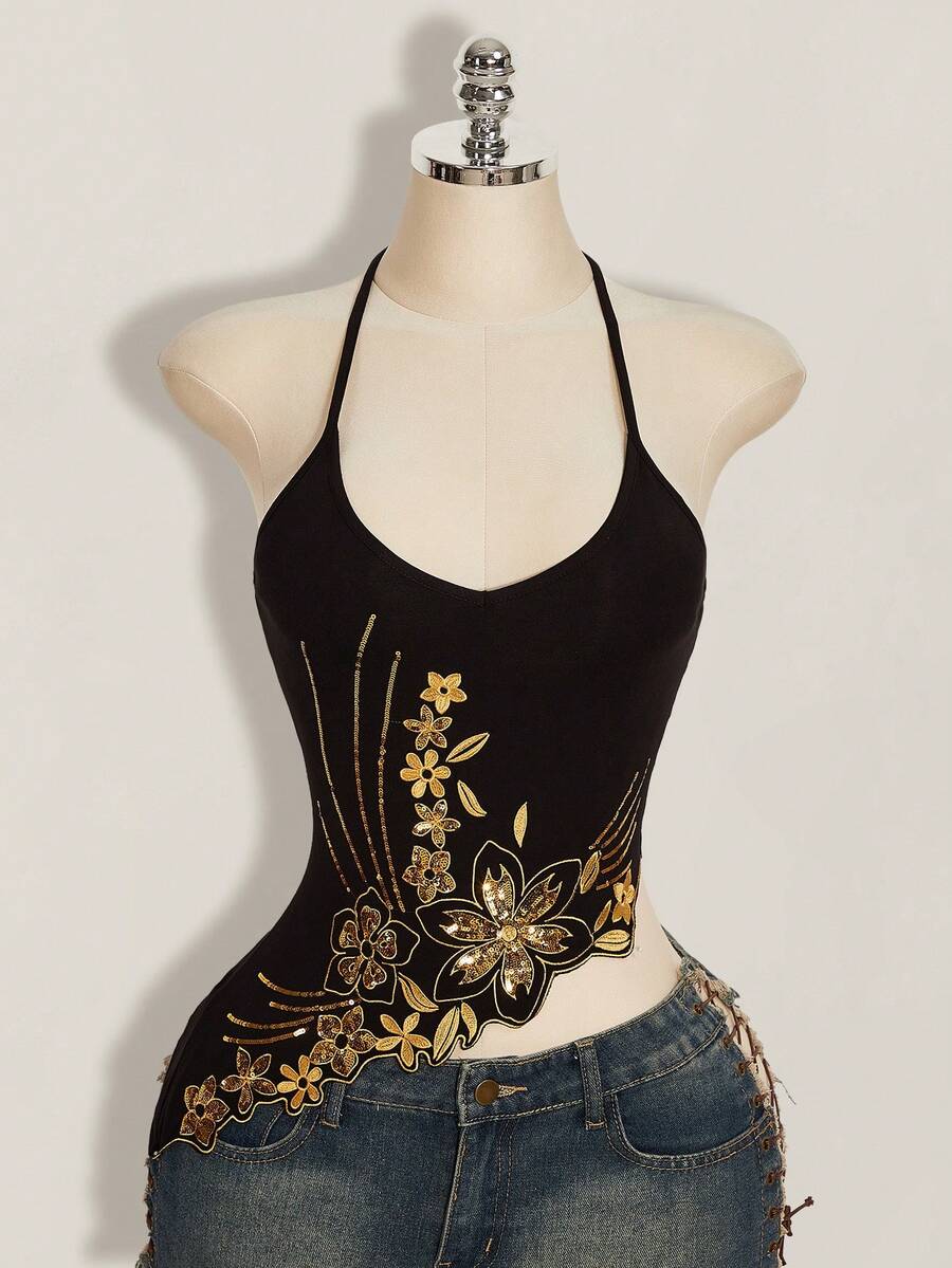 SHEIN ICON Áo quây hở lưng, thêu hoa đính sequin, kiểu dáng thường ngày dành cho nữ, thích hợp mặc mùa hè. - màu đen - Xem 1