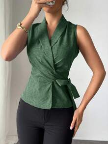 SHEIN LUNE Women's Solid Color Shawl Collar Sleeveless Shirt With Side Waist Tie - Dark Green - View 4
