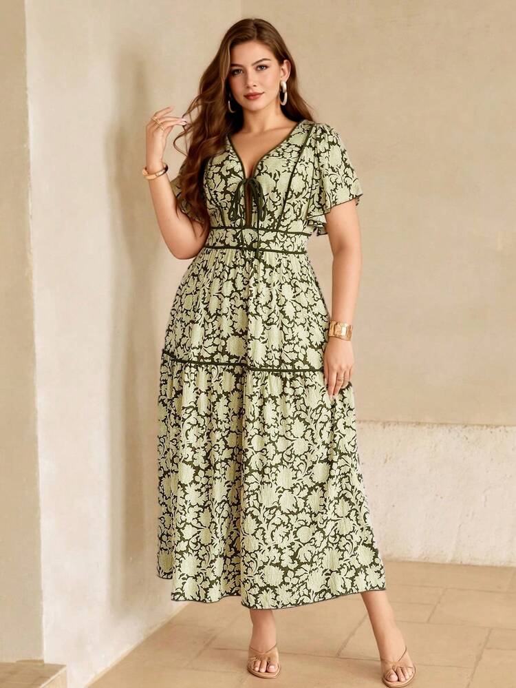 Roveilla Plus Size V-Neck Short Sleeve Vacation Chic Cinched Waist Floral Print Flowy Dress Short Sleeve Plus Size Dress Plus Size Dress For Women Floral Print Plus Size Dress - Green - View 6