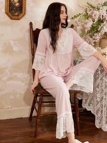 Côtesoire Romantic French Elegant Lace Women Pajama Set - Pink - View 6