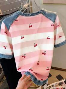 Resyla Áo thun nữ phong cách thường ngày và thời trang, phối họa tiết denim, kẻ sọc và in kỹ thuật số hình quả anh đào, cổ tròn. - Hồng - Xem 2