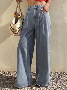 DAZY Quần jeans nữ dáng rộng, ống đứng, kẻ sọc, thích hợp cho mùa xuân và hè. - Màu xanh lam - Xem 3