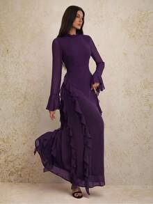 SHEIN Tall 女款優雅咖啡棕長袖高領荷葉邊下擺洋裝，適合約會、派對，適合高個子女性的優雅洋裝 - 紫色 - 查看 6