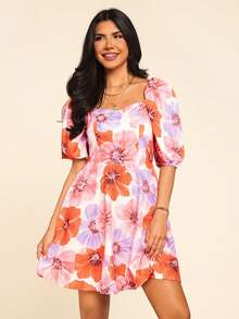 Vestido de verano con estampado floral, cuello de corazón y mangas abullonadas - Naranja - Ver 2