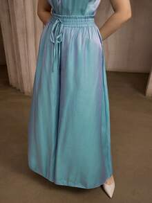 Flouryn Pantalones anchos de uso diario versátil y casual con cordón en la cintura para mujer de talla grande - Azul - Ver 4