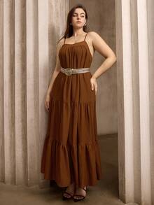 Flouryn Plus Size Women Solid Color Ruffle Hem Camisole Dress Gym Brown Summer - Brown - View 3