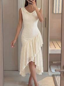 Modelyn Champagne Ivory Lace Cowl Neck Asymmetrical Ruffle Midi Dress For Women, Elegant Sleeveless High-Low Wedding Guest Dress For Bridal Shower, Garden Party, Vacation & Summer Occasion Wear,Women's Solid Color Ruffled Collar Sleeveless Asymmetrical Hem Dress, Summer For Women New Arrival Elegant Dress For Women New Arrival Spring And Summer Elegant Dress White Dress For Woman Ruffle Hem Dress Zanea Dress For Woman Ladies Dresses Yisikado Dress,Summer Dresses For Women - White - View 3