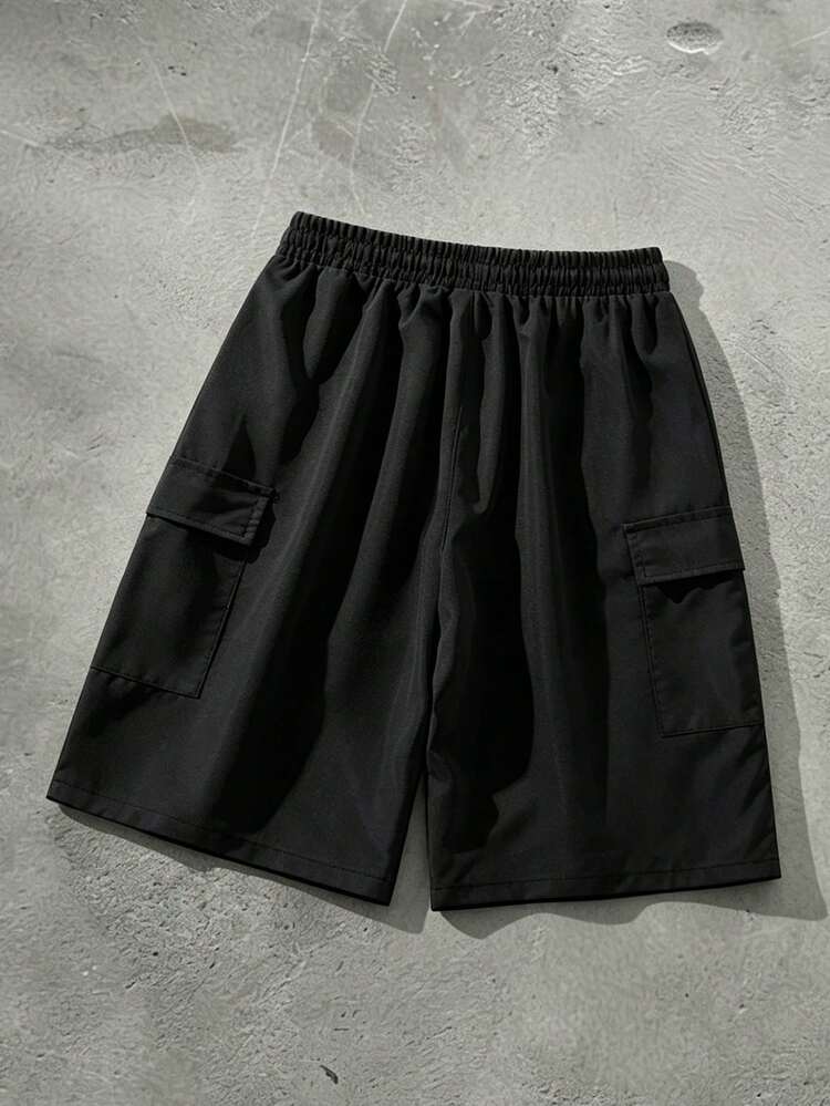 SUMWON Men's Relaxed Fit Cargo Shorts With Side Pockets And Brand Label Summer Casual Bottoms, Black Cargo Short ,Black Short, Black Shorts Men