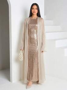 Veilorie New Arrival Glossy Fabric High-End Luxurious Elegant Comfortable Versatile 2 Pieces Set - Apricot - View 3