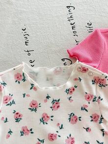 SHEIN LMoss Kids Dozemod 儿童新生女宝宝夏季休闲碎花荷叶边圆领短袖上衣和裤子四件套针织睡衣套装 - 粉色 - 查看 6