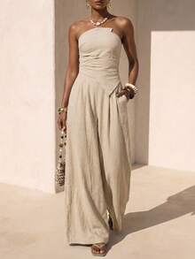 新款夏季休闲度假通勤波西米亚卡其色亚麻不规则褶裥背心+阔腿裤两件套，适合日常穿着、度假、旅行、海滩、西部风情、游牧生活方式、通勤、早午餐、机场穿搭、音乐节、演唱会、派对、节日、婚礼宾客着装 - A - 卡其色 - 查看 3