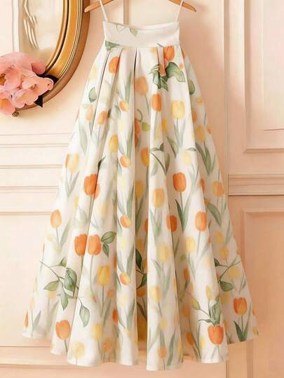 GlowEve Falda con estampado floral de color albaricoque de talle alto, silueta retro romántica y elegante, estilizadora y grácil, adecuada para regalo de cumpleaños, cita, fiesta, Día de San Valentín, Día del Trabajo, Pascua, Día del Maestro, vuelta al colegio, trabajo, ocasiones formales, actividades de jardín, boda, viaje, primavera/verano