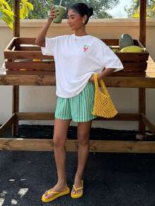 SHEIN Muchic Áo thun nữ dáng rộng, cổ tròn, tay ngắn, in hình tôm hùm, màu trắng, thích hợp cho mùa hè. - trắng - Xem 5